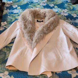 Dennis Basso Cream Faux Leather Coat with Faux Fur Collar